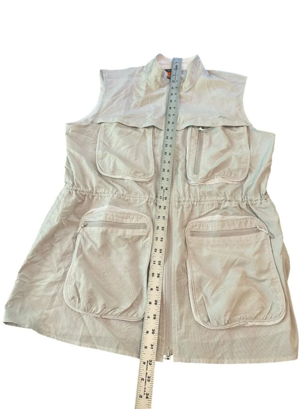 Eddie Bauer Vest Womens XL Cream Travel Safari Utility Fishing Pockets Logo Fish - Picture 6 of 6